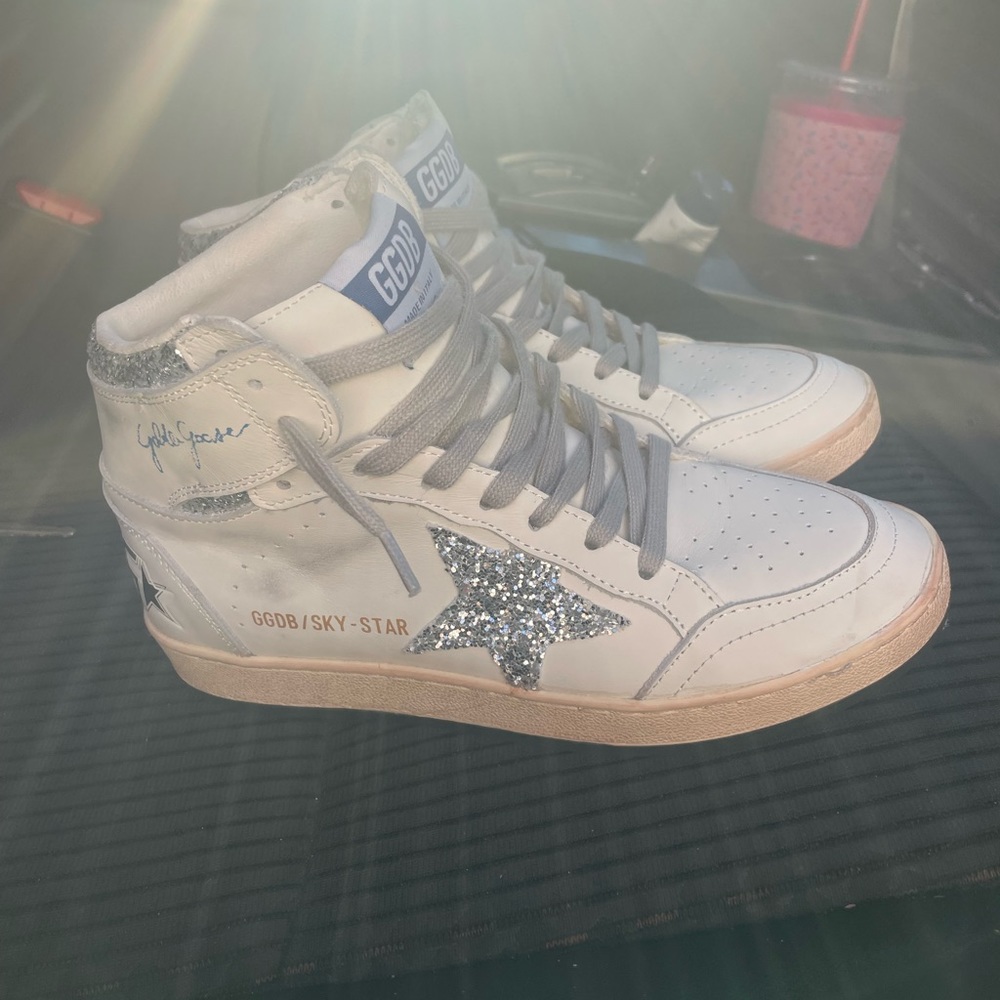 Golden Goose White High-Top Sneakers with Silver Glitter Star Accent